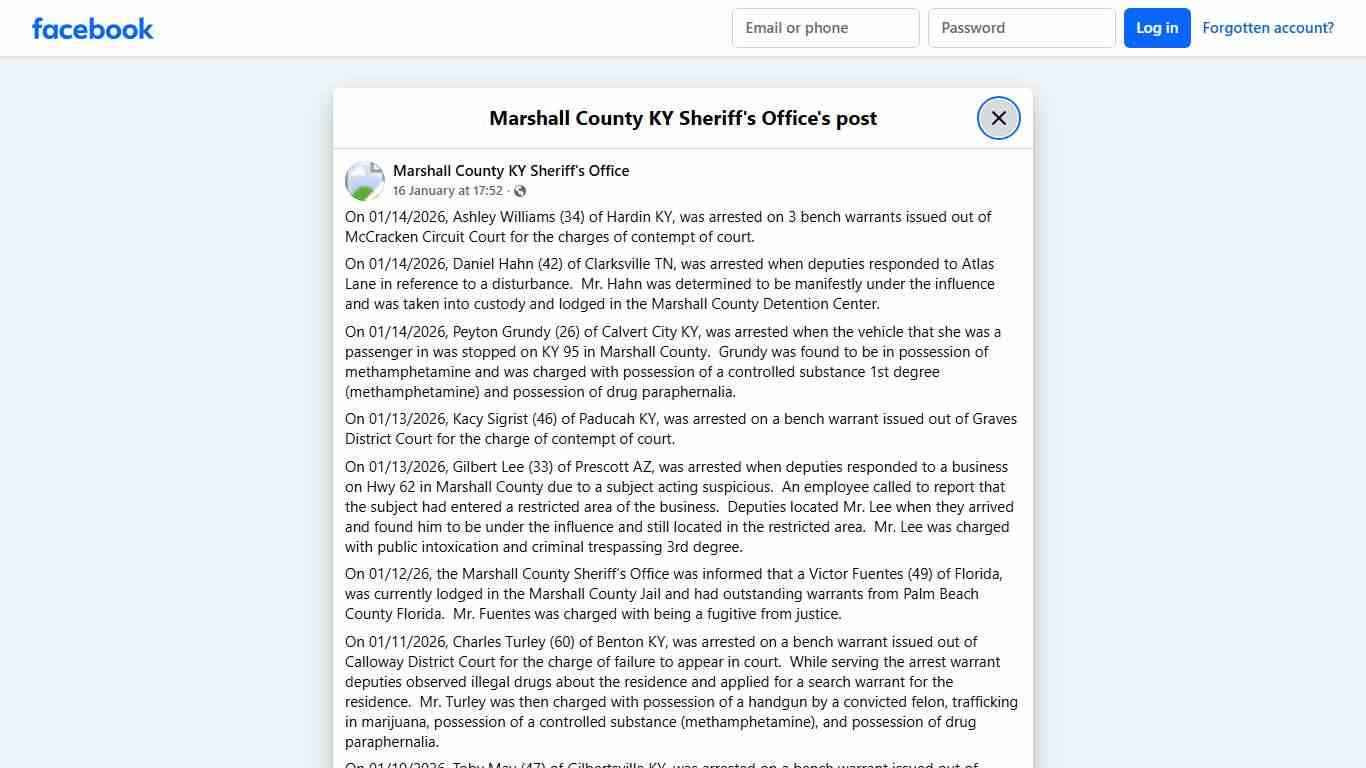 On 01/14/2026,... - Marshall County KY Sheriff's Office Facebook